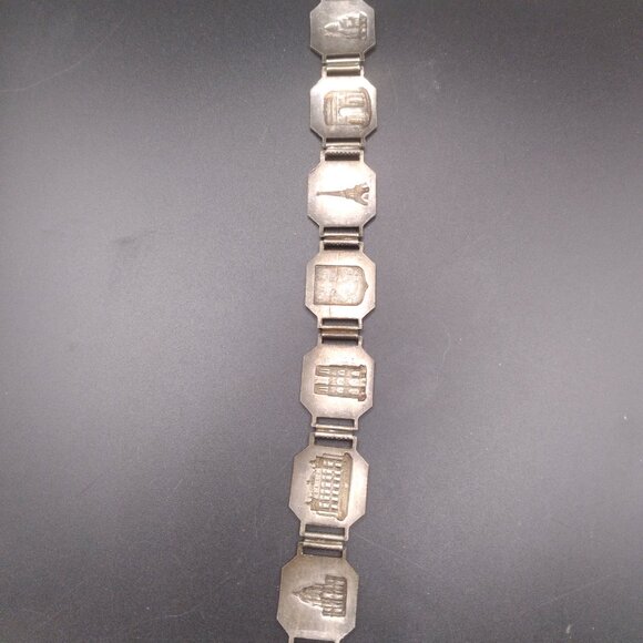 Vintage Silver Tone Paris Metal Enamel Link Panel Bracelet Souvenir  8” - Picture 6 of 8